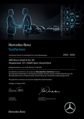 Zertifikat von Mercedes-Benz: AMF-Bruns ist zertifizierter Aufbauhersteller.