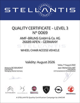 Bild von einem Zertifikat von Stellantis: Quality Certificate - Level 3 - AMF-Bruns ist zertifizierter Aufbauhersteller.