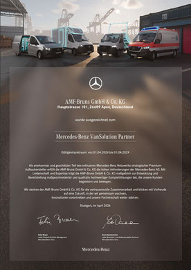 Zertifikat von Mercedes-Benz: AMF-Bruns ist zertifizierter Aufbauhersteller.