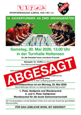 Aufgrund zu weniger Anmeldungen muss das Kickerturnier leider abgesagt werden. Wir planen eine Wiederholung im kommenden Jahr und hoffen dann auf eine rege Beteiligung.