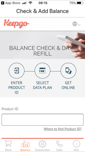 keepgo global sim card app to check and add balance 