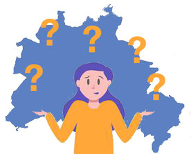 Bild zeigt eine Grafik. Eine Frau hebt fragend ihre Hände. Im Hintergrund die Karte von Berlin und viele Fragezeichen.