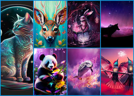 Collage aus 7 Bildern: Ganz links eine Katze. Rechts daneben in der oberen Reihe Hirsch, Hase, Wolf. Untere Reihe Pandabär, Delfin, Vögle. Alle Tiere sind so dargestellt, dass sie magisch wirken. 