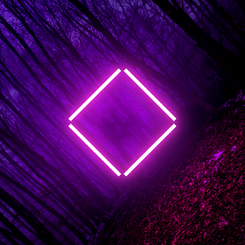 a neon ping glowing square in front of a dark winter wood. the image is tilted 45 degrees to the left