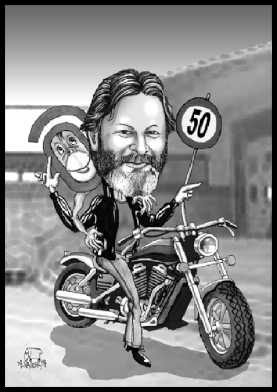 Ein Motorradfahrer aus Wienmit einem Klammeraffen als Karikatur gezeichnet.