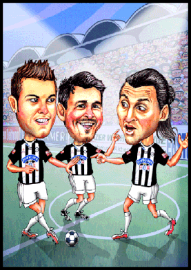 Karikaturen von Cristiano Ronaldo, Lionel Messi und Zlatan Ibrahimovic.