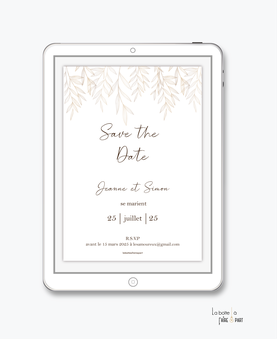 Save the date mariage numérique-Save the date mariage digital-Save the date numérique-pdf numérique-Save the date mariage electronique -Save the date à envoyer par mms-par mail-réseaux sociaux-whatsapp-facebook-messenger- Tige de feuille-doré-chic-elegant