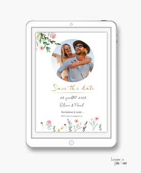 Save the date mariage numérique, bouquet de fleurs pastel, champêtre