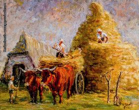 André Puech, peintre-paysan, meule de paille, char à bœufs, ruralité, agriculture