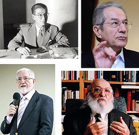 Anísio Teixeira (acima /esquerda) Demerval Saviani (acima/direita).   José Carlos Libâneo (abaixo/ esquerda) Paulo Freire (abaixo/ direita)