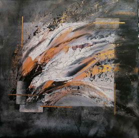 Abstract contemporary acrylic painting “Resonant Flow” from the series Resonant Dimensions by Dominique Steiger, textured mixed media artwork on canvas with gold, black and silver tones 