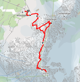 Route von der Graukogelhütte auf den Hüttenkogel und weiter auf den Graukogel