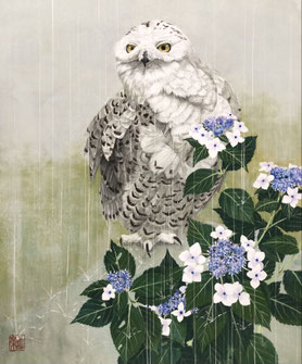 「雨晒し」和紙、膠、岩絵具、墨、胡粉、金泥　F８