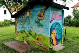Wandmalerei Fassade Fassadenmalerei Schneckenhaus Kinder Haus Gartenhaus Leipzig Lützschena