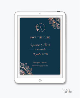 Save the date mariage numérique-Save the date mariage digital-Save the date numérique-pdf-Save the date mariage electronique -Save the date à envoyer par mail-réseaux sociaux-whatsapp-facebook--monogramme-chic-raffiné-oriental-marocain-dentelle-fleurs