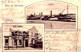 Postkarte von 1906 mit einem Foto von Dampfschiffen im Hemelinger Hafen