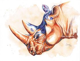 modernes Tierportrait in Aquarell - Nashorn - Original
