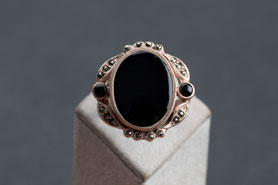 vintage ring mit Onyx Cabochon, Markasiten, 925 silber mit 18k rosegold plattiert, Gr. 58, mishmish Unikatschmuck, Einzelstück