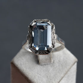Vintage Art Deco ring mit blauem Stein, facettiert, 835 silber mit 999 Feinsilber plattiert, mishmish Unikatschmuck