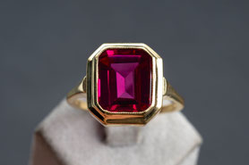 Art Deco Vintage Ring synthetischer Rubin, Spinell, rot, facettiert, 40er Jahre Ring, 835 Silber mit 18k Gelbgold plattiert, Vintage Schmuck, fairer Schmuck, nachhaltiger Schmuck, Unikatschmuck, Schmuck aus Deutschland, mishmish Schmuck