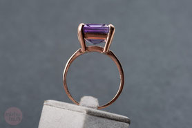 Cocktailring mit großem Amethyst, Baguetteschliff, 925 Silber, mit 18k Roségold plattiert (20 Milliém), Ringgröße 62, Vintage Ring, mishmish Unikatschmuck, Ring Rotgold, Schmuck lokal München, Vintage Schmuck, nachhaltiger Schmuck, Schmuck upcycling,