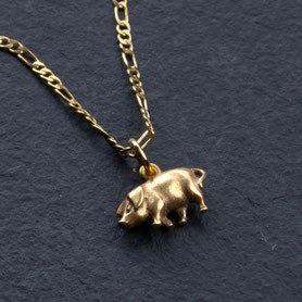 Vintage Anhänger Schweinchen mit Figarokette, 835 und 925 Silber, neu plattiert mit 18k Gelbgold, 45cm lang, nachhaltiger Schmuck, Vintage Schmuck, mishmish