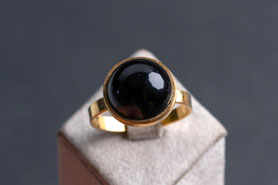 60er Jahre Ring, Onyx, schwarzer Cabochon, Gelbgold, Silberschmiedearbeit, Frau Geschenk, silber, Vintage Schmuck