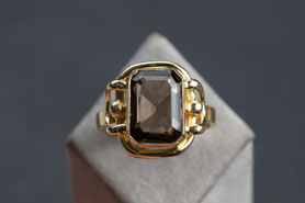 Vintage Ring mit Rauchquarz, Smaragdschliff, Solitär, Gelbgold, silber, Vintage Schmuck, fairer Schmuck, nachhaltiger Schmuck, Unikatschmuck, Schmuck aus Deutschland