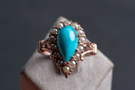 antiker Ring mit Türkis und Barockperlen, 835 Silber neu plattiert mit 18k Roségold, mishmish Unikatschmuck, Vintage Ring, Rotgold, Vintage Schmuck, nachhaltiger Schmuck, sustainable jewelry, Schmuck aus Deutschland, Ring Silber