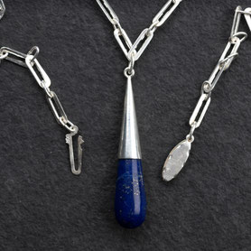 Breitankerkette, Anhänger Lapislazuli, Pampel, 800 und 925 Silber, Art Deco Kette, Meistermarke, feminin, nachhaltiger Schmuck, Vintage Schmuck, individueller Schmuck Silber, Unikatschmuck, Schmuck lokal München, mishmish 