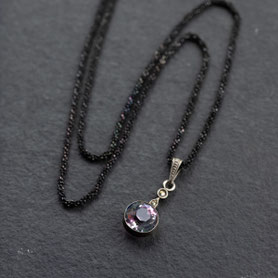 geschwärzte, diamantierte Kette mit Vintage Anhänger Rheinkiesel (9mm) und Markasiten 2,3cm lang, Kette 925 Silber, Anhänger 835 Silber, Kettenlänge 42cm, Unikat