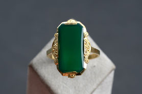 Vintage Art Deco Ring, Achat grün, Platte poliert, Gelbgold, silber, fairer Schmuck, nachhaltig
