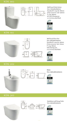 KDK Toilets, back to wall, closed couple, KDK 002, KDK 102, KDK 202, KDK 302, Bidet, wall facing, wall faced