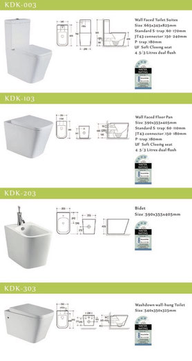 KDK walling facing toilets and bidet, back to wall, KDK 003, KDK 103, KDK 203, KDK 303