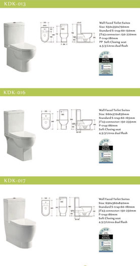 KDK wall faced toilet, back to wall, p-trap, s-strap, KDK013, KDK016, KDK017