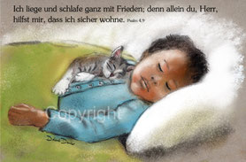 christliche Karten, schlafendes Kind, schlafendes Kätzchen, Psalm 4,9 Ich liege und schlafe ganz mit Frieden