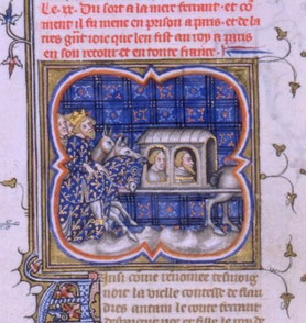 Philippe Auguste ramenant Ferdinand de Portugal, comte de Flandre, fait prisonnier à la bataille de Bouvines.Grandes Chroniques de France, Paris XIVe BnF. Temple de Paris