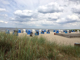 Blick über das Haff mit Strandkörben in blau-weiß