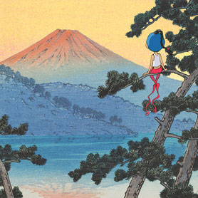 Timeliot est perché sur un arbre et regarde le Mont Fuji