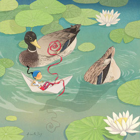 illustration,Timeliot dans un bateau en papier et 2 canards