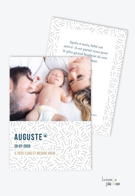 faire part naissance garçon -motif petits traits -couleur noir et blanc avec points camel-esprit pantone-avec photo-motif graphique-motif art graphique