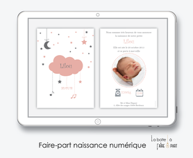  faire-part naissance fille  numérique-faire part naissance digital-faire-part digital  - nuage rose -etoile-note de musique-à imprimer -à envoyer par mail -à envoyer par mms-sms-réseaux sociaux-whatsapp-messenger-via smartphone-pictogramme