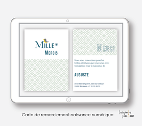 carte de remerciements naissance numérique-carte de remerciement électronique -pdf imprimable-pdf numérique-faire part connecté- monogramme petit oiseau-motif vintage-à imprimer soi-même-Envoyer via les réseaux sociaux whatsapp-messenger-facebook-mms et 