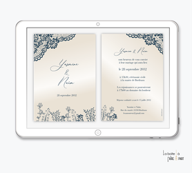 faire-part mariage numérique-faire part mariage digital-faire part numérique-faire part mariage-faire-part à envoyer par mms-par mail-réseaux sociaux-whatsapp-facebook-messengerr-dentelle-bleue roi-tige champêtre-nacré-chic-elegant-raffiné