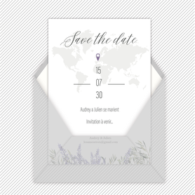 Save the date mariage gif animé- Save the date mariage virtuel-Save the date mariage digital-Save the date mariage numérique animé-à envoyer via les réseaux sociaux-whatsapp-facebook-messenger-mms- planisphère-lavande-olivier-provençale-provence-le monde