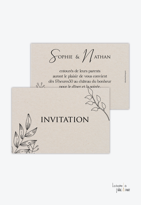 Carton invitation mariage-Invitation mariage-en kraft avec des feuilles au trait -végétal-classique-minimaliste