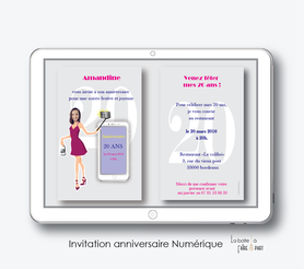 invitation anniversaire femme numérique-électronique- 20ans-30ans-40ans-50ans-60ans-à imprimer soi-même--faire-part à envoyer par sms-mms-par mail-réseaux sociaux-whatsapp-facebook-Selfie-smartphone-téléphone portable-