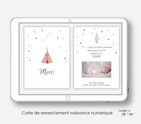  Carte de remerciements naissance fille numérique-carte de remerciements fille électronique-fichier Pdf-tipi-à imprimer soi même-carte de remerciement digital à envoyer par mail, mms et réseau sociaux