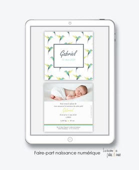 faire part naissance garçon numérique-faire part garçon digital-fichier Pdf-colibris vert-oiseau-envoyer par mail -envoyer par sms ou mms-réseaux sociaux-messenger-via smartphone