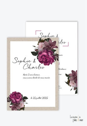 Faire-part mariage-bohème-pivoines colorées-kraft-rose -bouquet de fleurs
